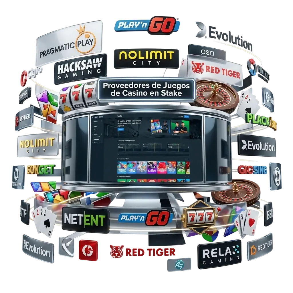 Catálogo de más de 30 proveedores de juegos de casino en Stake, con tragamonedas, mesas en vivo y juegos de mesa.